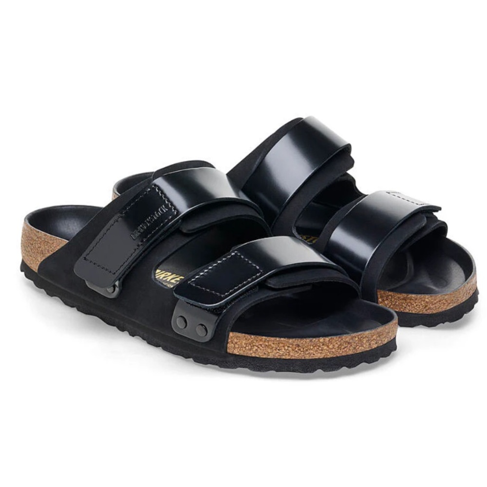 Birkenstock Uji Nubuck Shine Leather Straps Adjustable Slide Sandals In Black